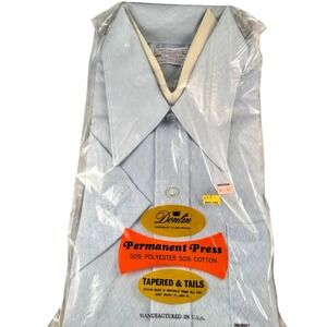 Vintage 70s Donlin Blue Diamond Textured Short Sleeve Shirt L Tapered n Tails